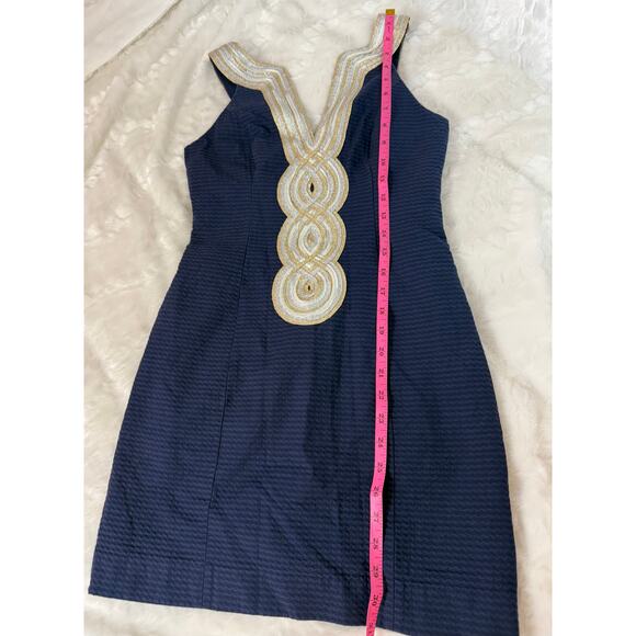Lilly Pulitzer Valli Shift Dress Navy Blue Silver Gold Iridescent Metallic 00 - Picture 11 of 12